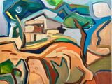 painting of a horse and a house in a field with trees