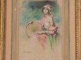 painting of a woman in a pink dress holding a basket