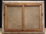 an old wooden frame with a picture hanging on the wall