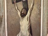 a painting of a man holding a cross above his head