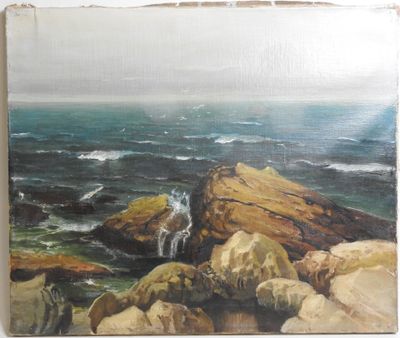 an oil painting of a rocky beach with a waterfall coming out of the water