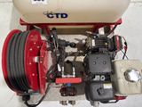 a red and white tank with a pump attached to it