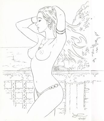 a drawing of a woman in a bikini standing on a balcony
