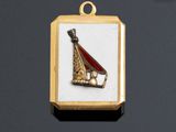a gold and enamel pendant with a picture of a man in a boat