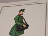a drawing of a man in a green uniform holding a bag