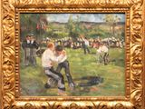 painting of two men playing a game of golf in a field