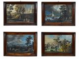 quatre tableaux encadrés représentant un paysage avec des personnages et une rivière