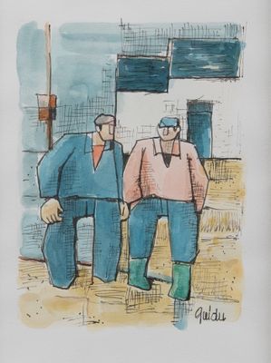 two men standing next to each other in front of a building