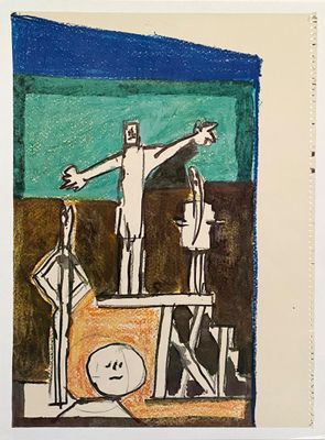 a drawing of a man standing on top of a table