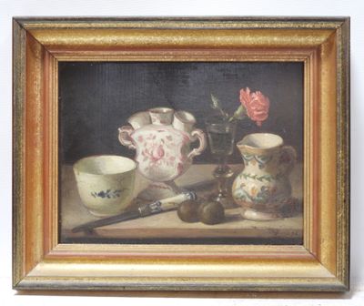 a picture of a painting of a still life with teapots and cups
