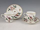 two cups and saucers with birds on them on a table