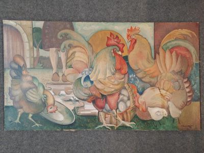 a picture of a painting of a group of chickens