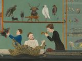 une image représentant un tableau où l'on voit des personnes dans une pièce en compagnie d'animaux et d'oiseaux