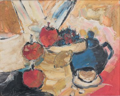 a painting of a bowl of fruit on a table