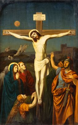 a painting of jesus on the cross surrounded by other people