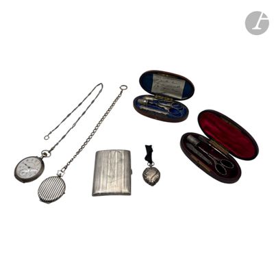 a silver case with a watch, a pocket watch, a pocket watch, and a necklace