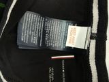 the jacket is black and has a white stripe on the side