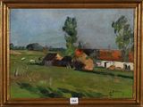 un tableau représentant une scène de vie à la ferme avec des vaches qui paissent dans un champ