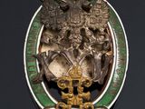 an image of a green and gold broochle with a coat of arms on it