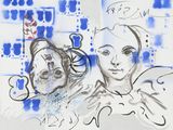 dessin représentant une femme et un chat dans un tableau bleu et blanc