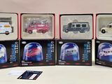 six different models of cars in a display case
