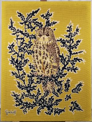 un tableau représentant un hibou perché sur une branche d'arbre