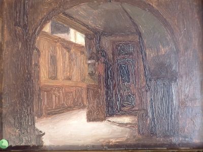Intérieur d'église, huile sur carton, dessin à la mine de pl…
