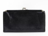 a black leather clutch bag with a metal clasp