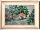 an oil painting of a country road with houses and trees in the background