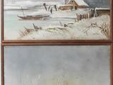 two paintings of a farm in the snow with a barn in the background
