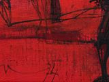 a painting of a man with a hat on a red background