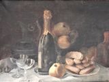 a painting of a still life with a bottle of wine and a plate of food