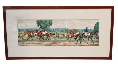 tableau représentant une course hippique, avec des jockeys et des chiens de chasse en arrière-plan