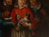 a painting of a group of people holding a cat