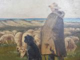 painting of a man and a dog in a field with sheep