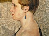 painting of a woman in a black dress looking at a mirror