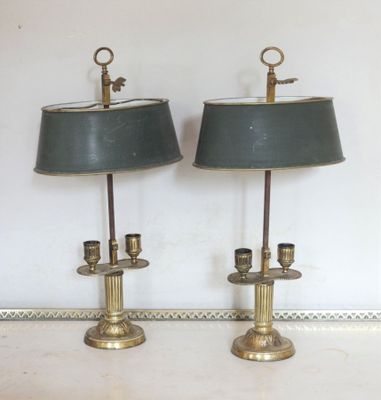 pair of antique brass table lamps with green shades