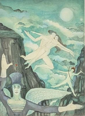 a painting of a man and a woman flying over a mountain