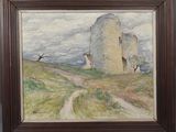 une peinture à l'huile représentant un château sur une colline, survolé par un oiseau