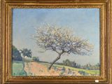 an oil painting of a tree in a field with a dirt road