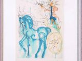 tableau représentant un cheval bleu avec un homme à sa selle