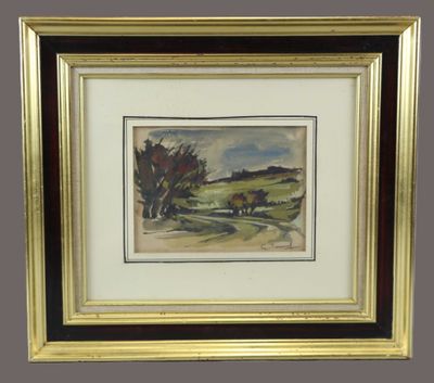 un tableau représentant un paysage avec des arbres dans un cadre doré