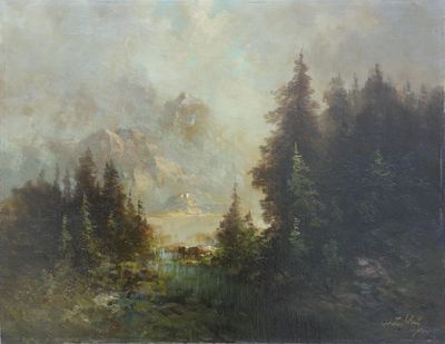 tableau représentant un paysage de montagne avec un lac au premier plan et des arbres au premier plan