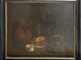 an oil painting of a still life with bread and a pitcher
