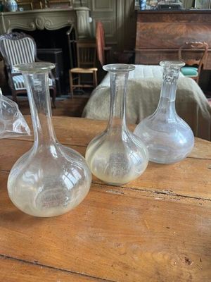 trois vases en verre transparent posés sur une table en bois