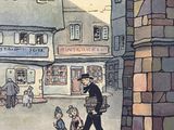 a drawing of a man walking down the street with a child