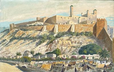 un tableau représentant un château au sommet d'une colline