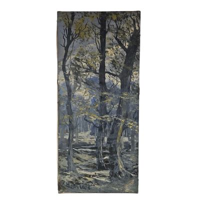 an image of a painting of a horse drawn carriage in a wooded area