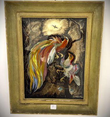 an image of a painting of a bird with a sun in the background