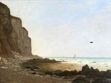 une peinture représentant une scène de plage avec un voilier dans l'eau